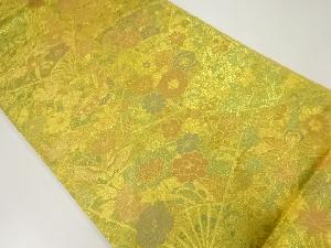 扇に蝶・草花模様織出し袋帯